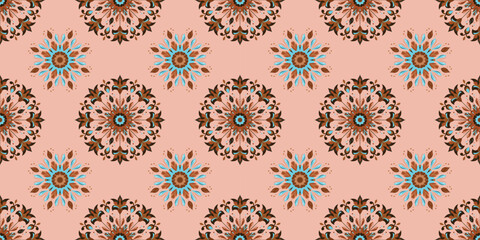 This vibrant floral pattern features a detailed design with multiple colors on a soft pink backdrop.