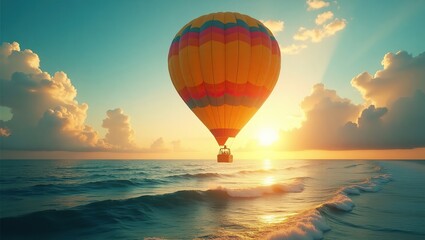 Fototapeta premium A red and white striped hot air balloon soars over a calm ocean at sunset, with the sky painted in orange and yellow, symbolizing freedom and adventure.