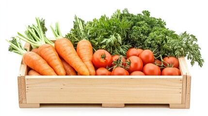 Fresh organic vegetables in wooden crate on white background for healthy living and kitchen decor