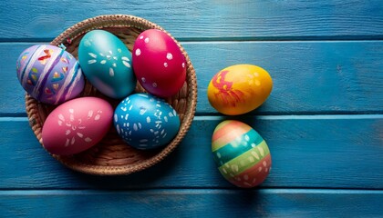 Fototapeta premium Colorful, decorated Easter eggs in a woven basket against a vibrant blue wooden background, celebrating spring festivities.