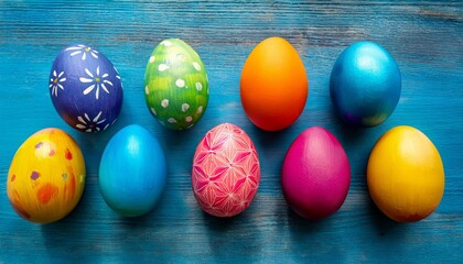 Obraz premium Colorful, decorated Easter eggs arranged on a blue wooden surface, showcasing various vibrant designs and patterns.