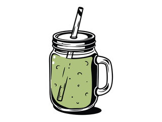Isolated glass beverage beside a vector jar