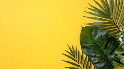 Vibrant Green Tropical Leaves on Bright Yellow Background