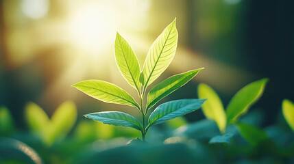 Obraz premium Minimalist nature scene with sunlight radiating through green leaves, highlighting tranquility and harmony, perfect for nature conservation and eco-friendly design concepts