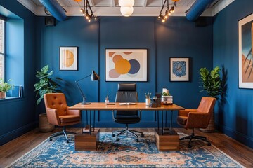 Innovative Office Interiors Featuring Minimalist Blue Walls and Stylish Furniture