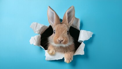 A cute rabbit peeks through a torn piece of paper against a vibrant blue background, showcasing its fluffy fur and inquisitive expression.