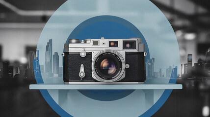 Vintage camera on a shelf cityscape backdrop