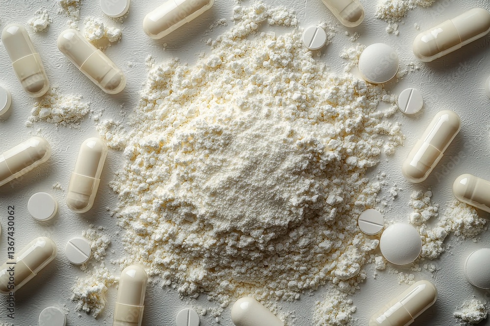 Poster piles of white powder surrounded by various capsule and tablet forms in a laboratory setting during 