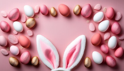 Fototapeta premium Colorful Easter eggs arranged around rabbit ears on a soft pink background, creating a festive and playful atmosphere.
