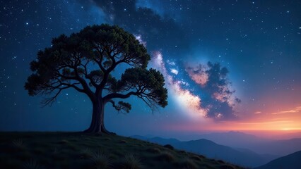 Solitary Tree Silhouetted Against a Breathtaking Night Sky Displaying the Milky Way Galaxy and a Vibrant Sunset Over Rolling Hills