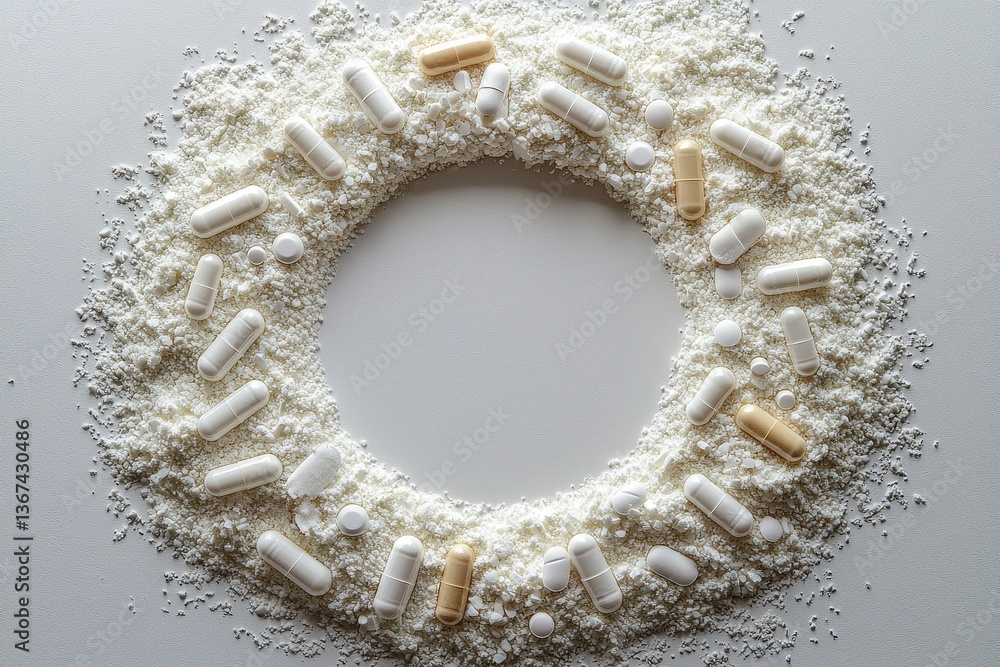 Poster pills and powder arranged in a circular pattern on a flat surface in a clinical setting
