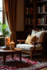 Serene Evening in a Cozy Reading Nook with Soft Lighting and Aromatic Candles