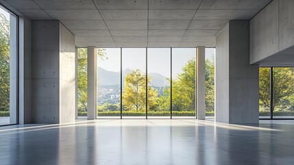 Fototapeta premium Modern concrete hall with glowing windows, embodying simplicity and clean minimalism in architectural design.