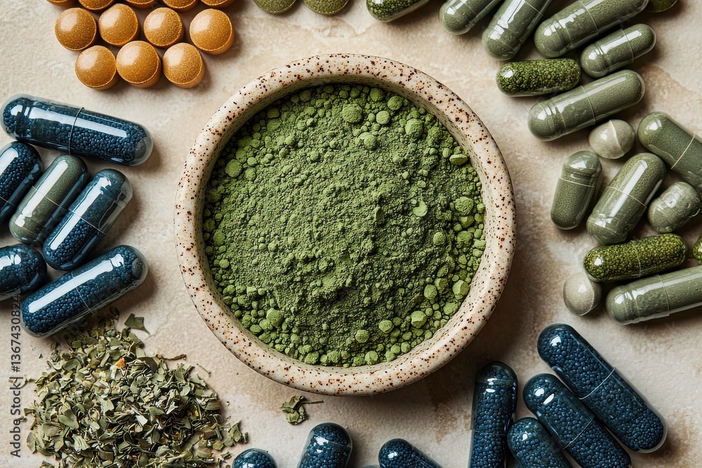 Poster green powder and capsules arranged artfully on a surface with various colored supplements displayed 