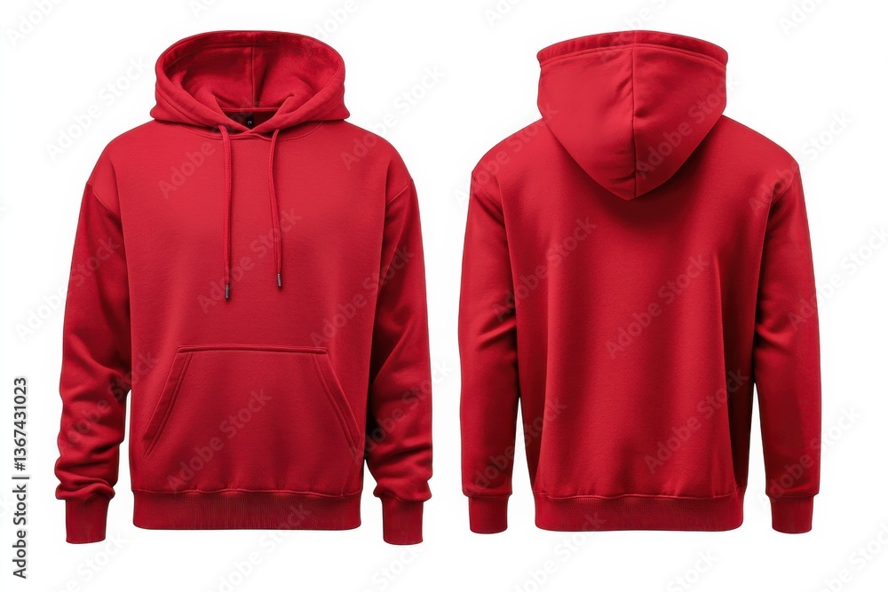 Poster bright red hooded sweatshirt displayed from front and back angles in studio setting with neutral bac