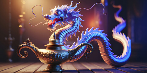 Obraz premium Enchanted dragon lamp golden genie's lamp mystical oriental scene