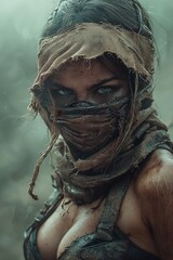 Warrior Woman in Tattered Garb with Intense Blue Eyes in Nature