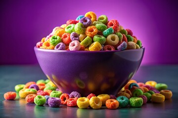 Naklejka premium Colorful Cereal Bowl Purple Background Stock Photo - Vibrant Breakfast Food Image