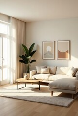 Serene Living Room Decor Modern Sectional Sofa, Neutral Tones, and Natural Light