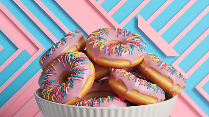 Colorful frosted donuts in a white bowl