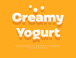 Vector Tasty label Creamy Yogurt. Creative White Font. Modern 3D Alphabet Letters, Numbers and Symbols set