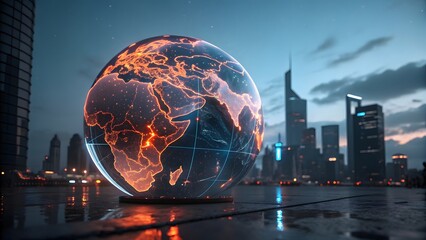 Futuristic Digital Globe with Illuminated Data Network in Smart City