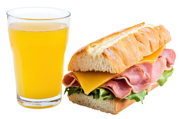 Delicious ham and cheese sandwich paired with a refreshing glass of citrus drink isolated on transparent background