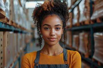 A confident female warehouse manager stands in a modern warehouse working with inventory software on a tablet. Generative AI