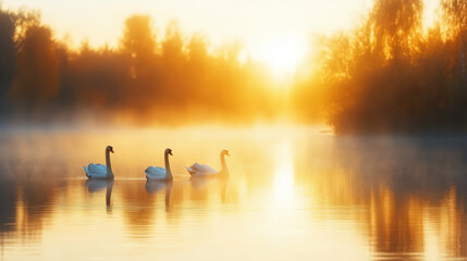 Swans gracefully swim on misty lake at sunrise, creating serene scene