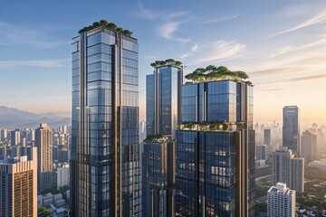 Obraz premium Sleek Business Towers in the City: Innovative Architecture for Commercial Spaces and Urban Living
