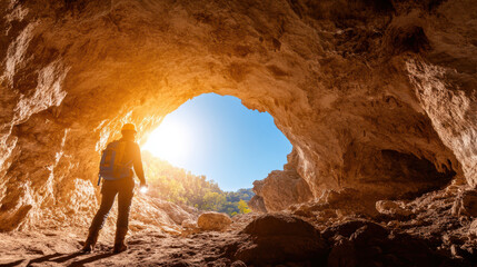 hiker stands at entrance of sunlit cave, admiring view