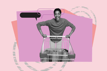 Contemporary artwork collage of happy american girl carry trolley packages black friday sale...