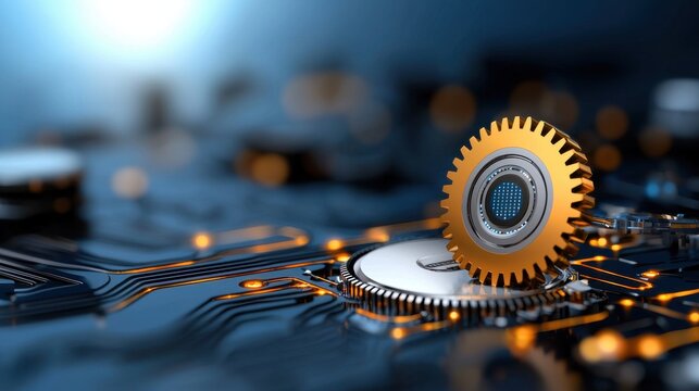 Close up view of meshing metal gears and cogwheels of a futuristic system representing the inner workings and automation of a complex technological industrial process