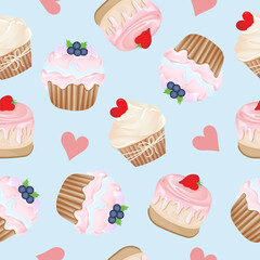 Seamless pattern for kitchen decor and more. Delicious cupcake with whipped cream and blueberry, strawberry, heart. Vector cartoon illustration of sweet food.