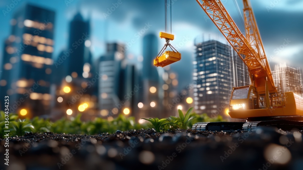 Poster towering skyscrapers and cranes dominate the cityscape while lush greenery and flora thrive on the g