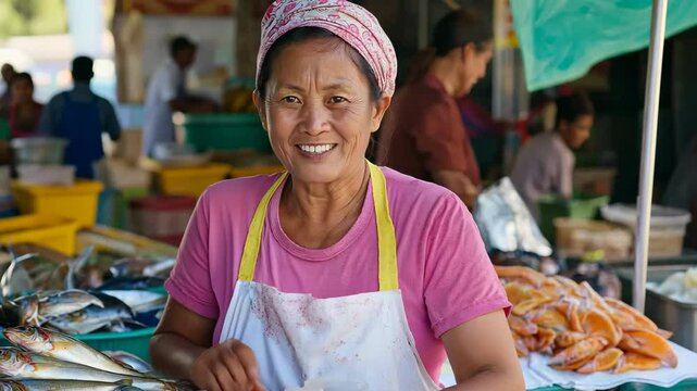 A woman is smiling at the camera while standing behind a fish market. She is wearing a pink apron and a yellow bandana