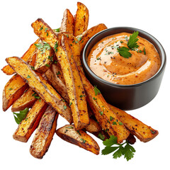 Sweet Potato Fries with Spicy Chipotle Dipping Sauce Isolated on Transparent Background