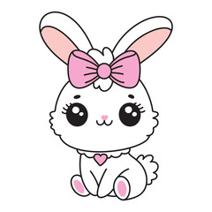 Adorable Kawaii Easter White Bunny with Ribbon Bow. Cute Hand Drawn Spring Animal Vector Illustration