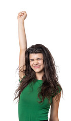 Happy young girl raises her fist up in delight! Successful victory gestures.