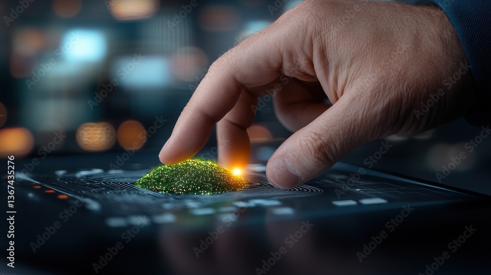 Aufkleber close up view of a human hand pressing a glowing green button on a dark high tech computer keyboard 