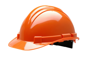 Bright orange hard hat resting on a white surface, symbolizing construction safety and awareness isolated on transparent background