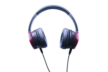 A sleek pair of black and red headphones resting on a white surface, ready for music enjoyment isolated on transparent background