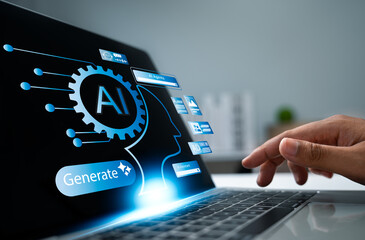 Businessman use artificial intelligence AI technology for enhanced work efficiency data analysis and efficient tools, Unlocking work potential with AI solutions chatbot help solve work problems.