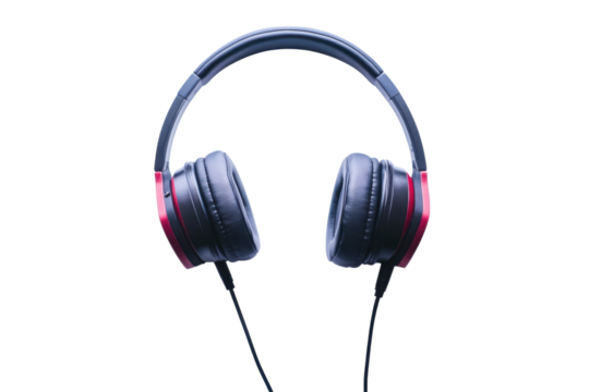 A sleek pair of black and red headphones resting on a white surface, ready for music enjoyment isolated on transparent background