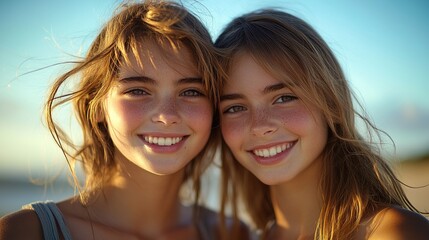 Fototapeta premium Two young women share a warm smile, radiating joy and connection.
