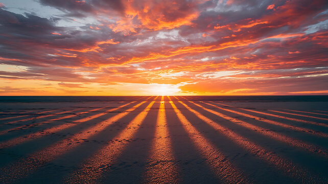 Sunset beach shadows vibrant colors flat lay dramatic sky sand patterns