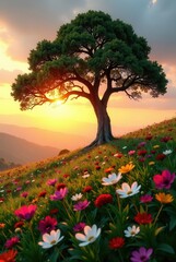 Serene Sunset Landscape Majestic Tree Stands Tall Amidst Vibrant Wildflowers on Rolling Hills