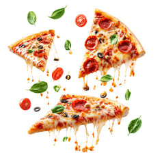 Hot cheesy pizza slices with mushrooms and herbs on transparent background.