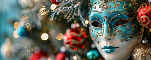 Elegant venetian carnival mask with blue and gold glitter hanging on a christmas tree with blurred lights
