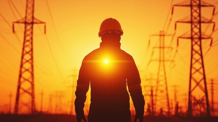 Worker Silhouette at Sunset with Power Lines in Background
